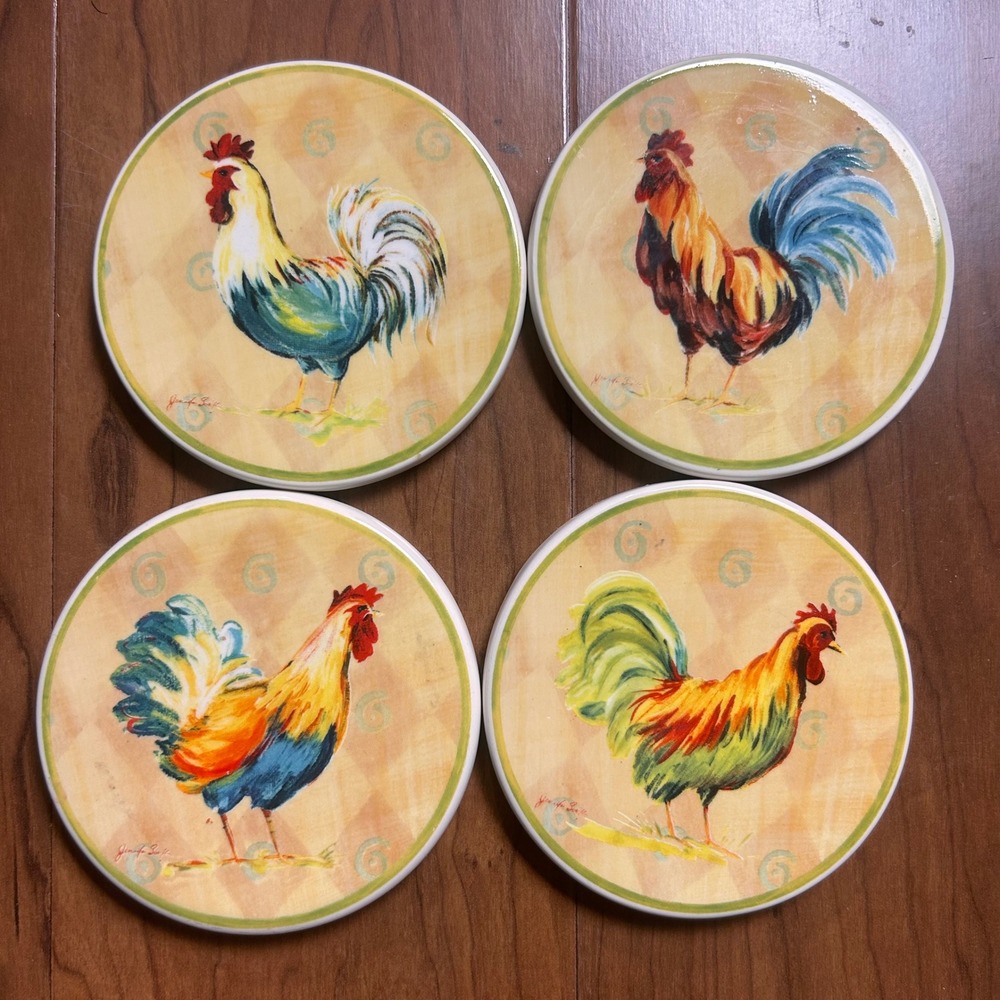 Jennifer Brinley Rooster Ceramic Coaster Set of 4 Farmhouse Country Decor 4 Inch
